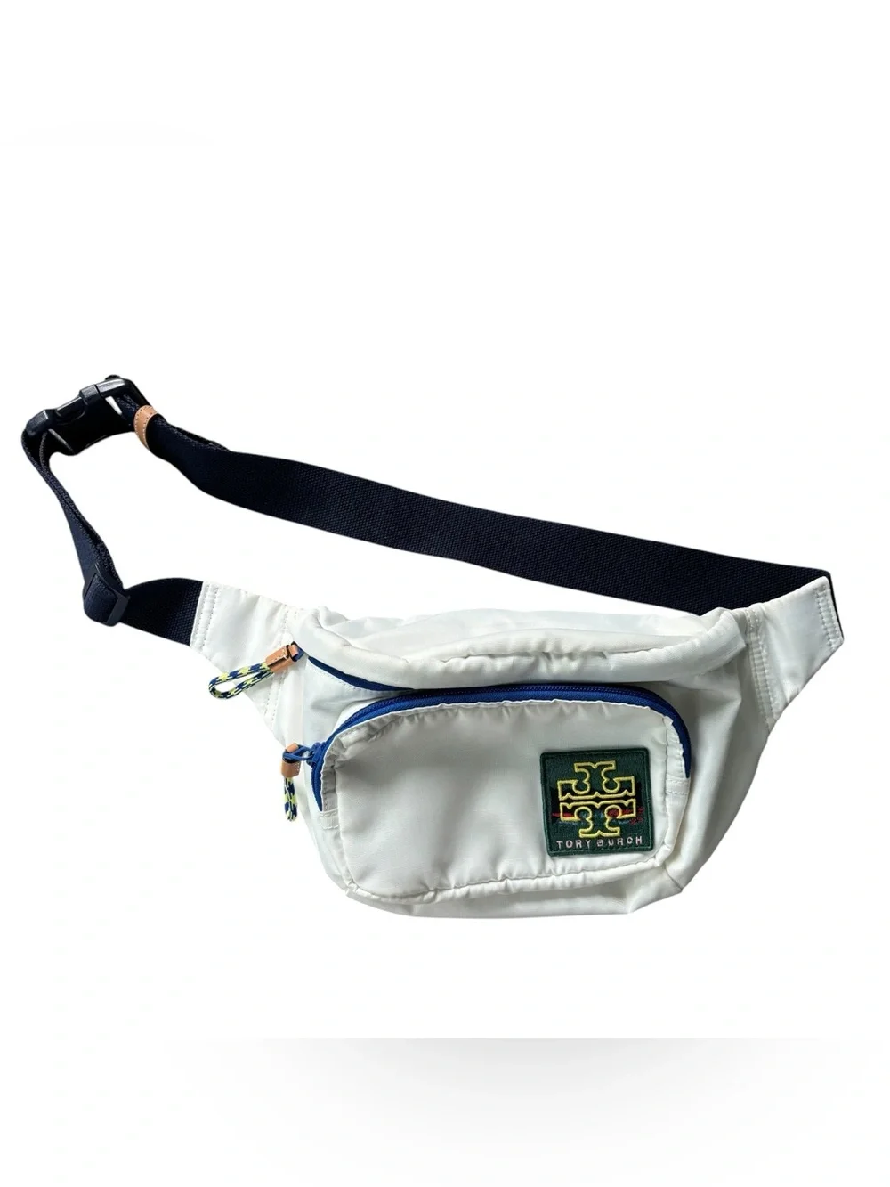 Tory Burch White Belt Bag with Navy Strap and Multicolor Logo